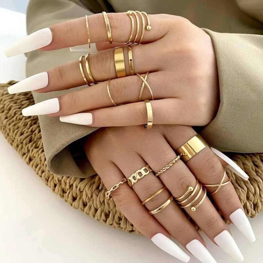 16 PIECE, STACKABLE, KNUCKLE, ANTI ANXIETY FIDGET RINGS-GEO WOMAN'S FASHION GOLD